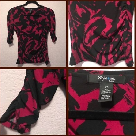 NWOT. Style & Co. Black and Pink Fitted Ruched Blouse - Picture 2 of 6